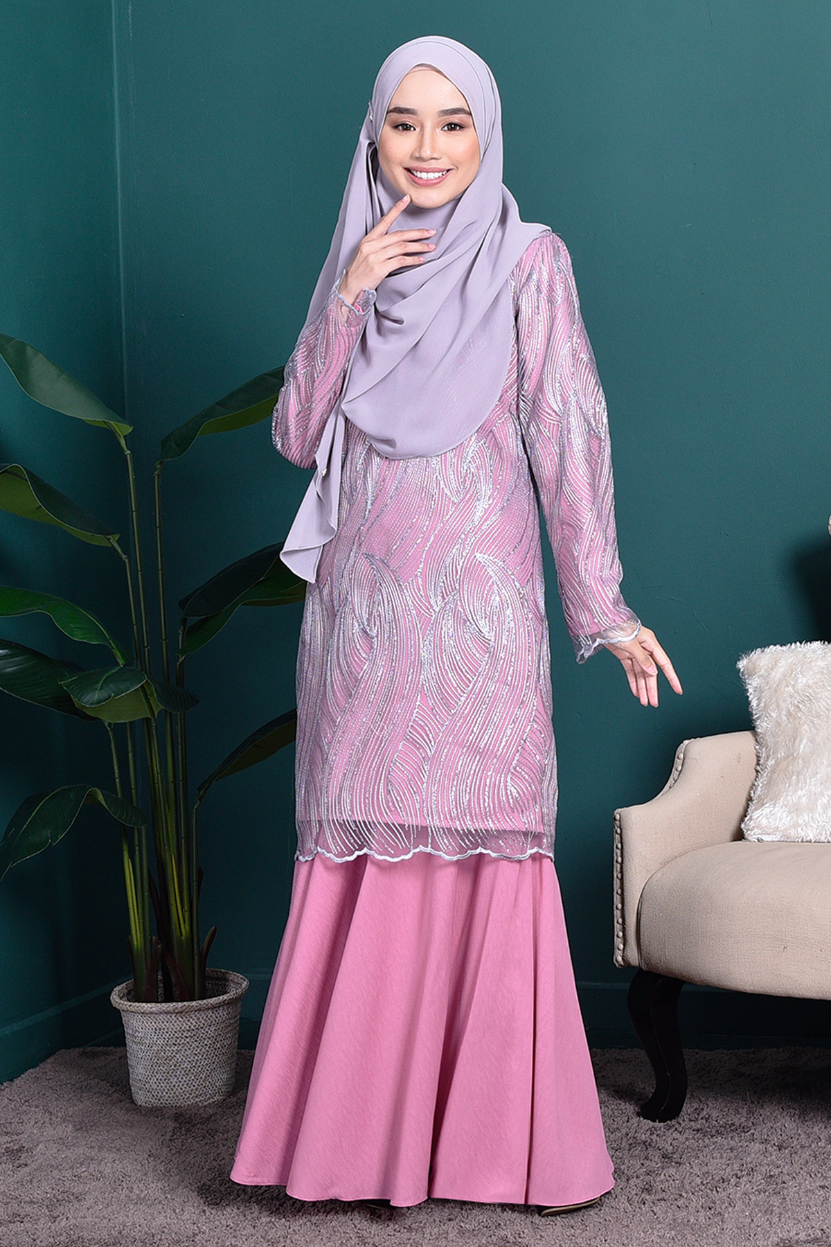 Baju Kurung Lace Lilian - Rose Pink