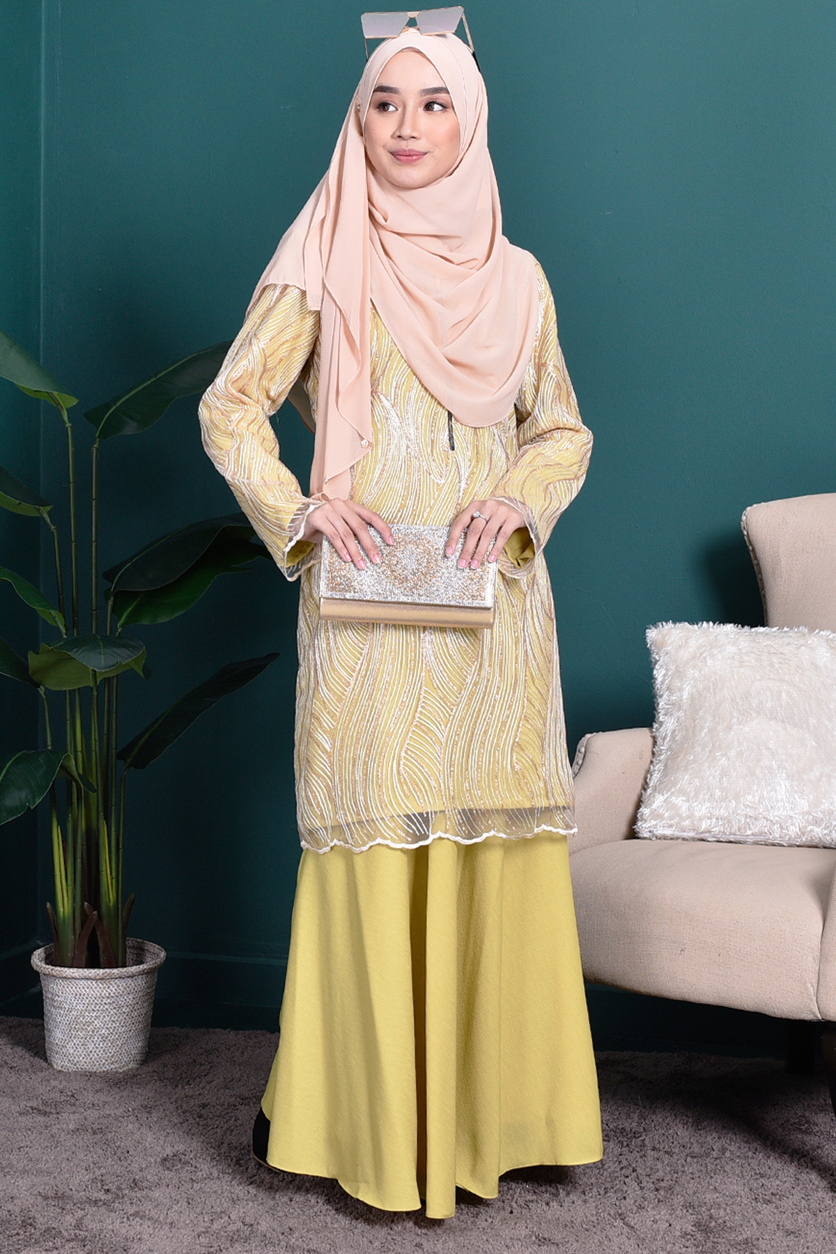Baju Kurung Lace Lilian - Lime Green