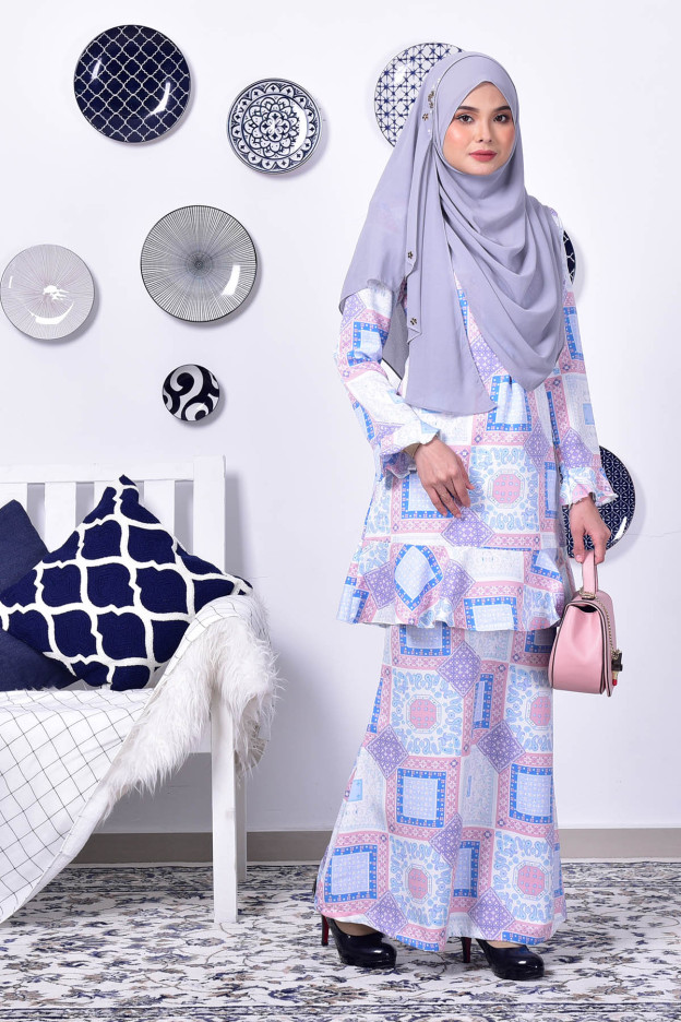 Baju Kurung Lola Square - Blue Pink