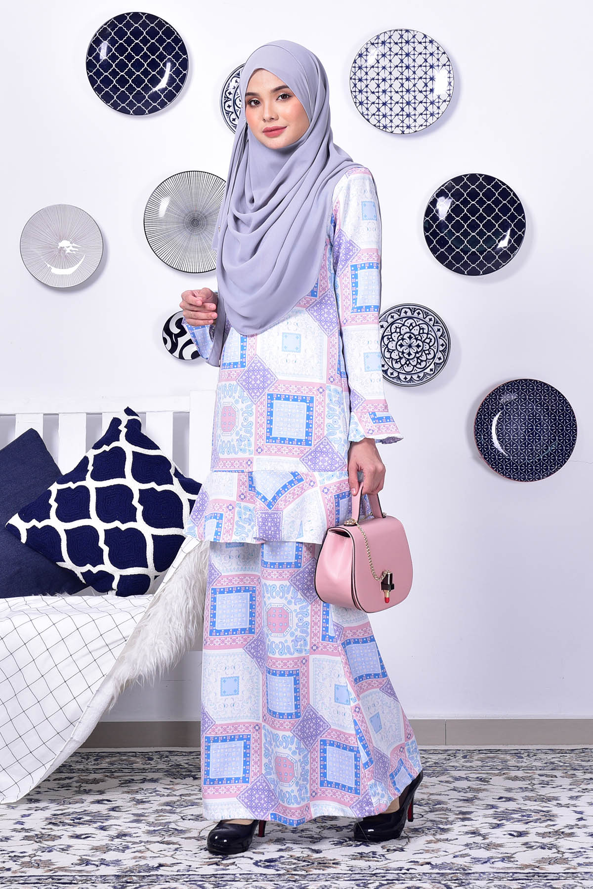 Baju Kurung Lola Square - Blue Pink