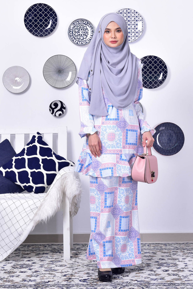Baju Kurung Lola Square - Blue Pink