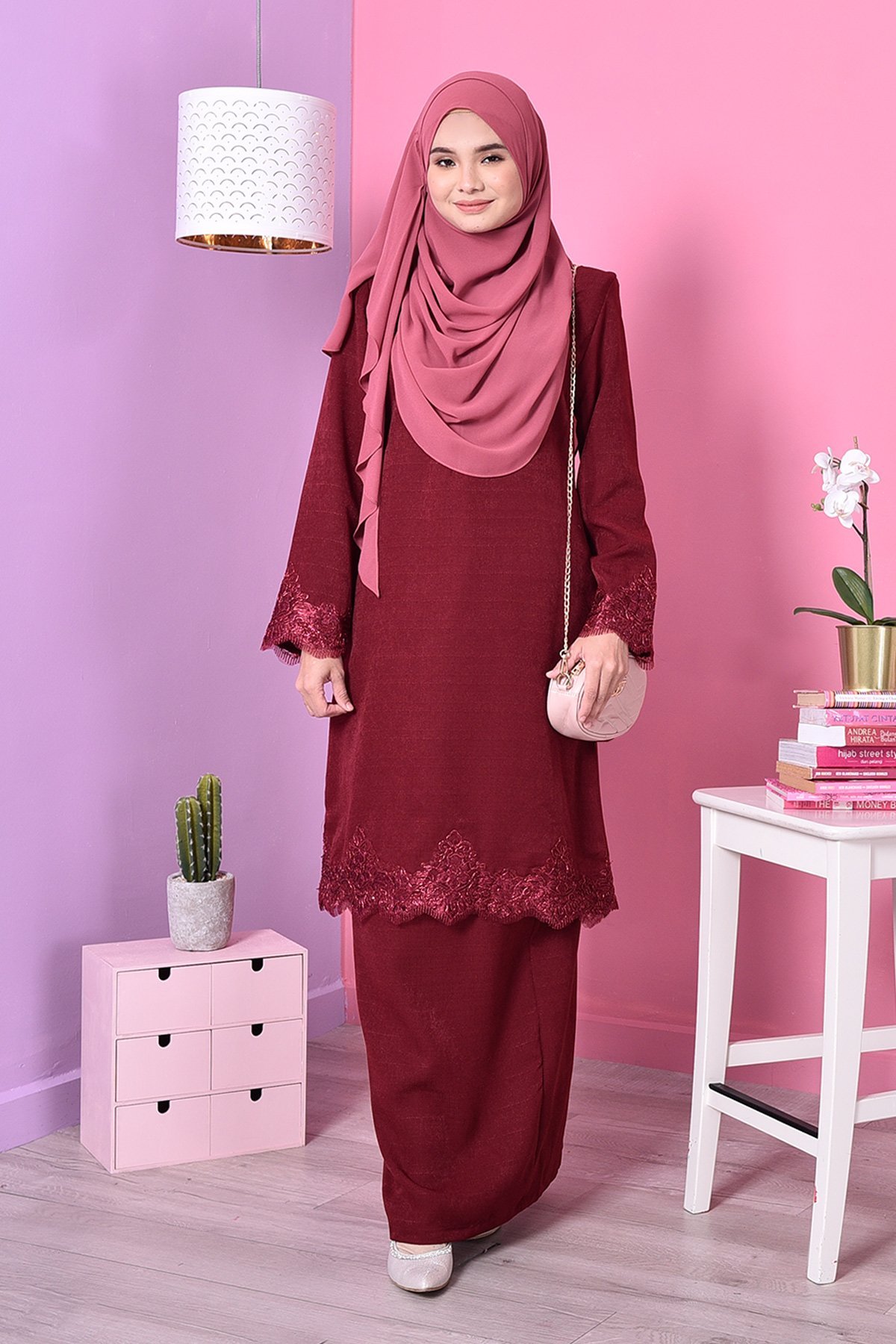 Baju Kurung Lace Mazola - Ruby Maroon