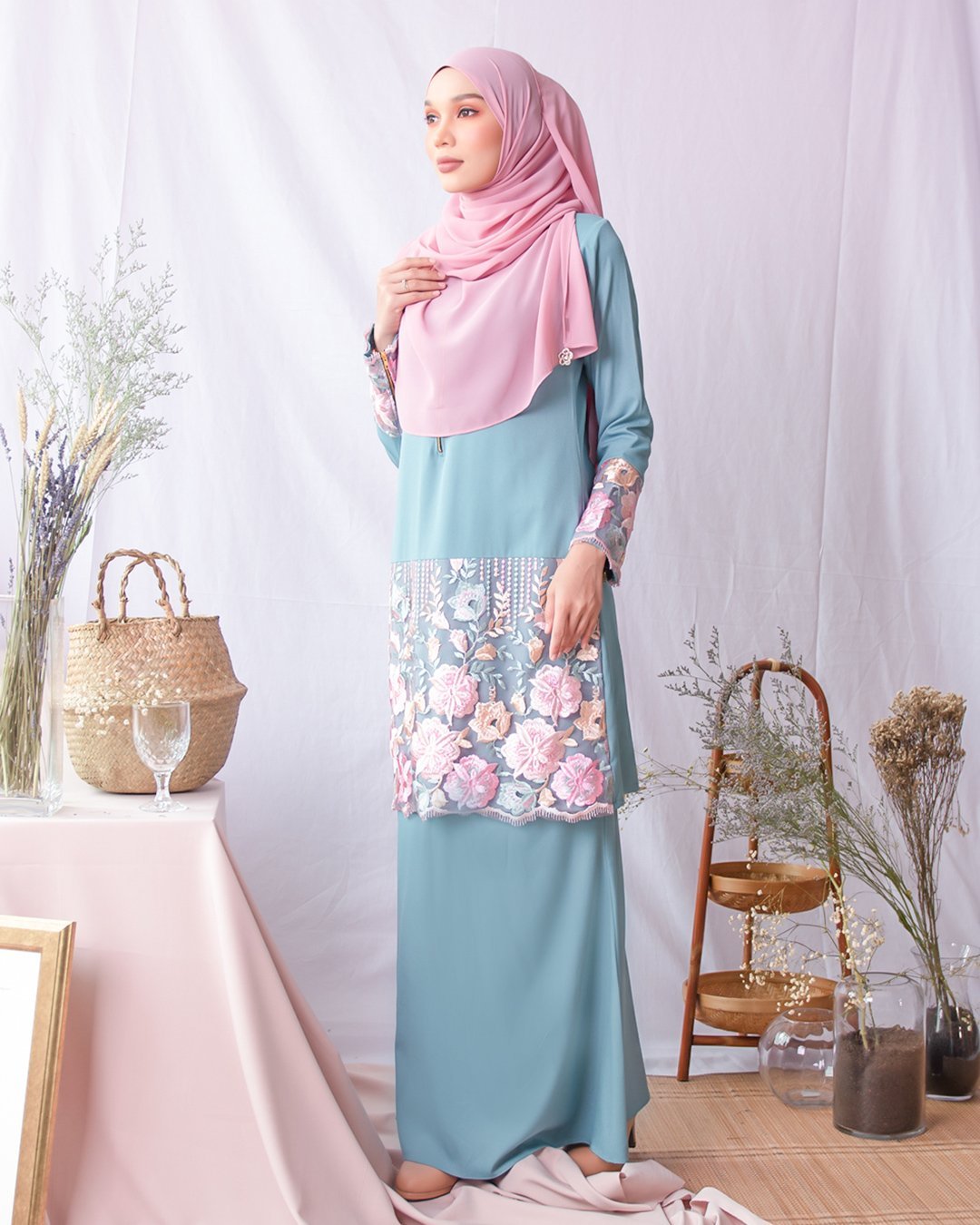 Baju Kurung Moden Lace Adira - Sage Blue