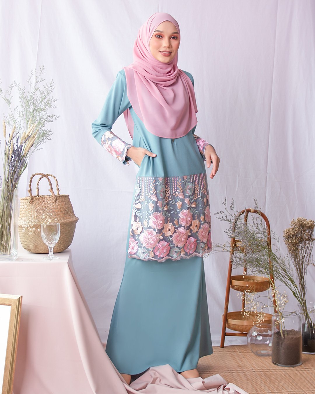 Baju Kurung Moden Lace Adira - Sage Blue