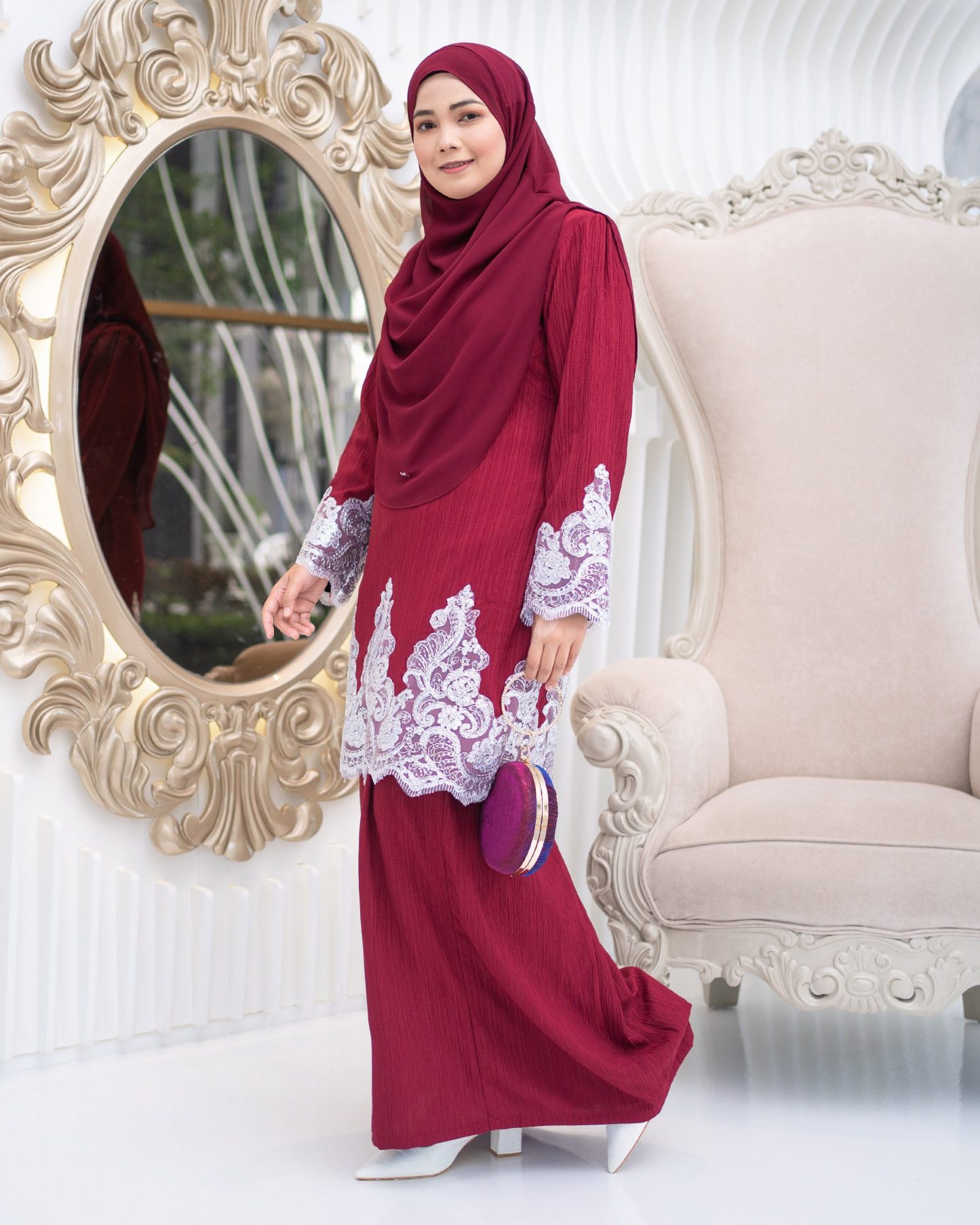 Baju Kurung Moden Lace Hayley - Maroon