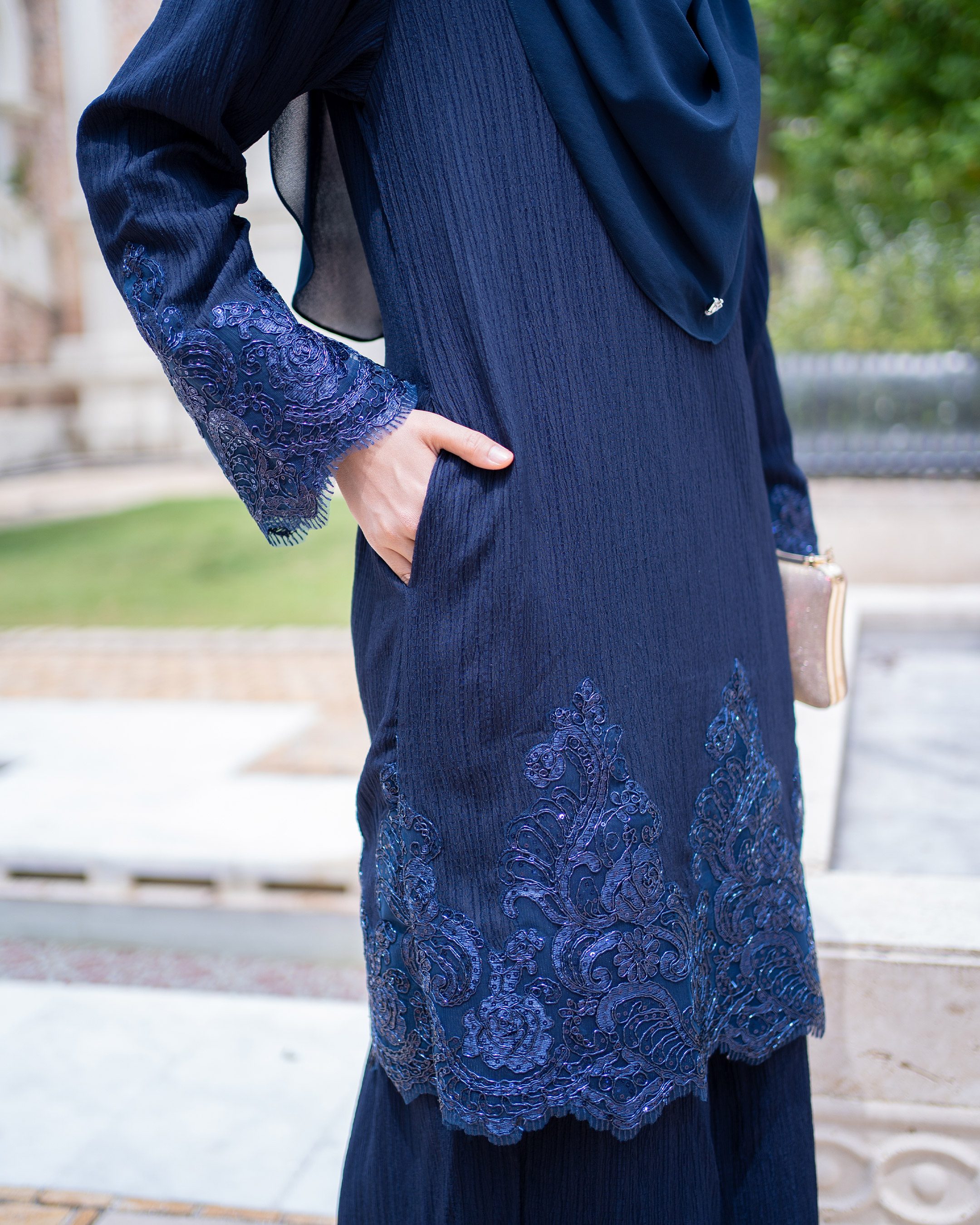 Baju Kurung Moden Lace Hayley - Navy Blue
