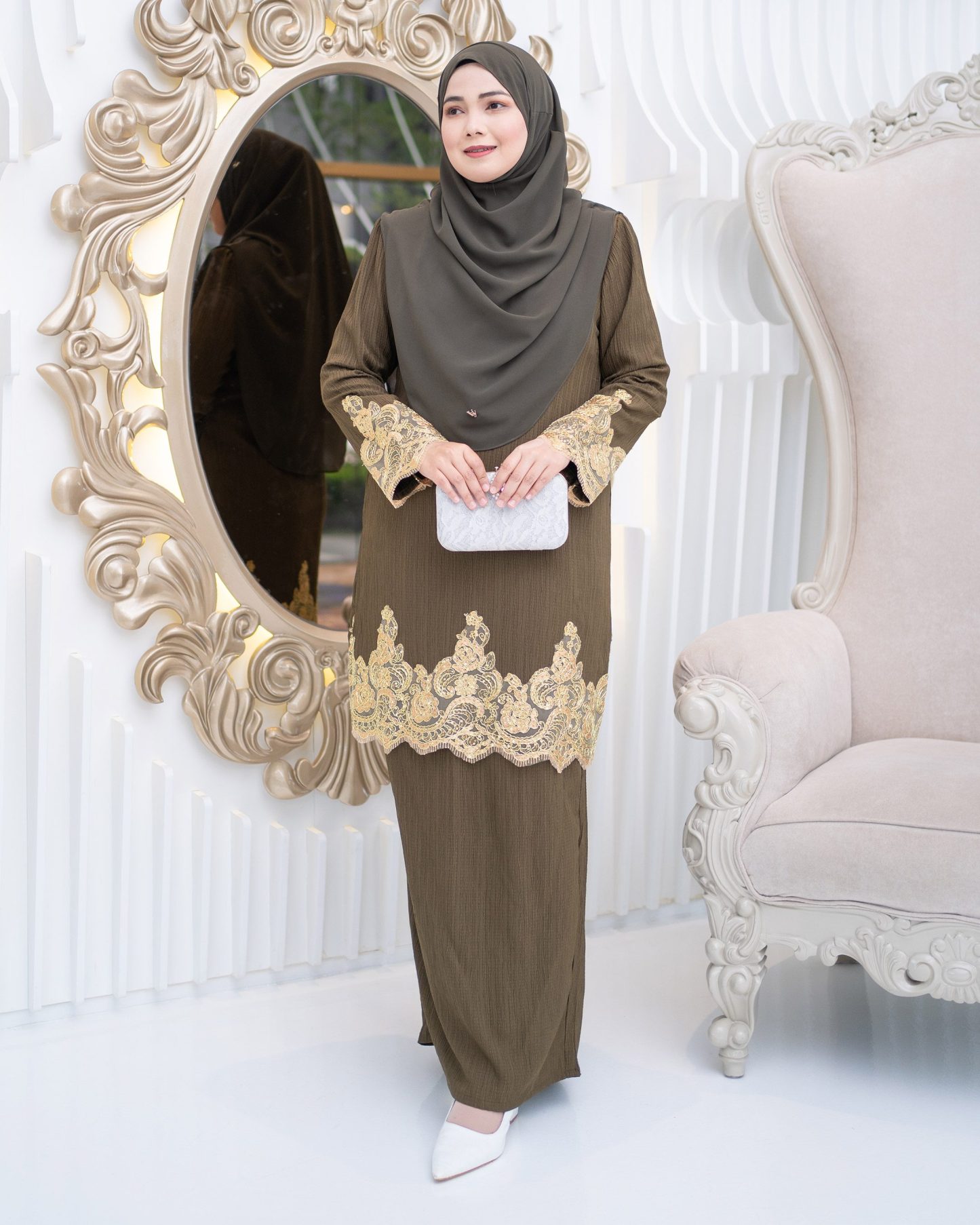Baju Kurung Moden Lace Hayley - Olive Green
