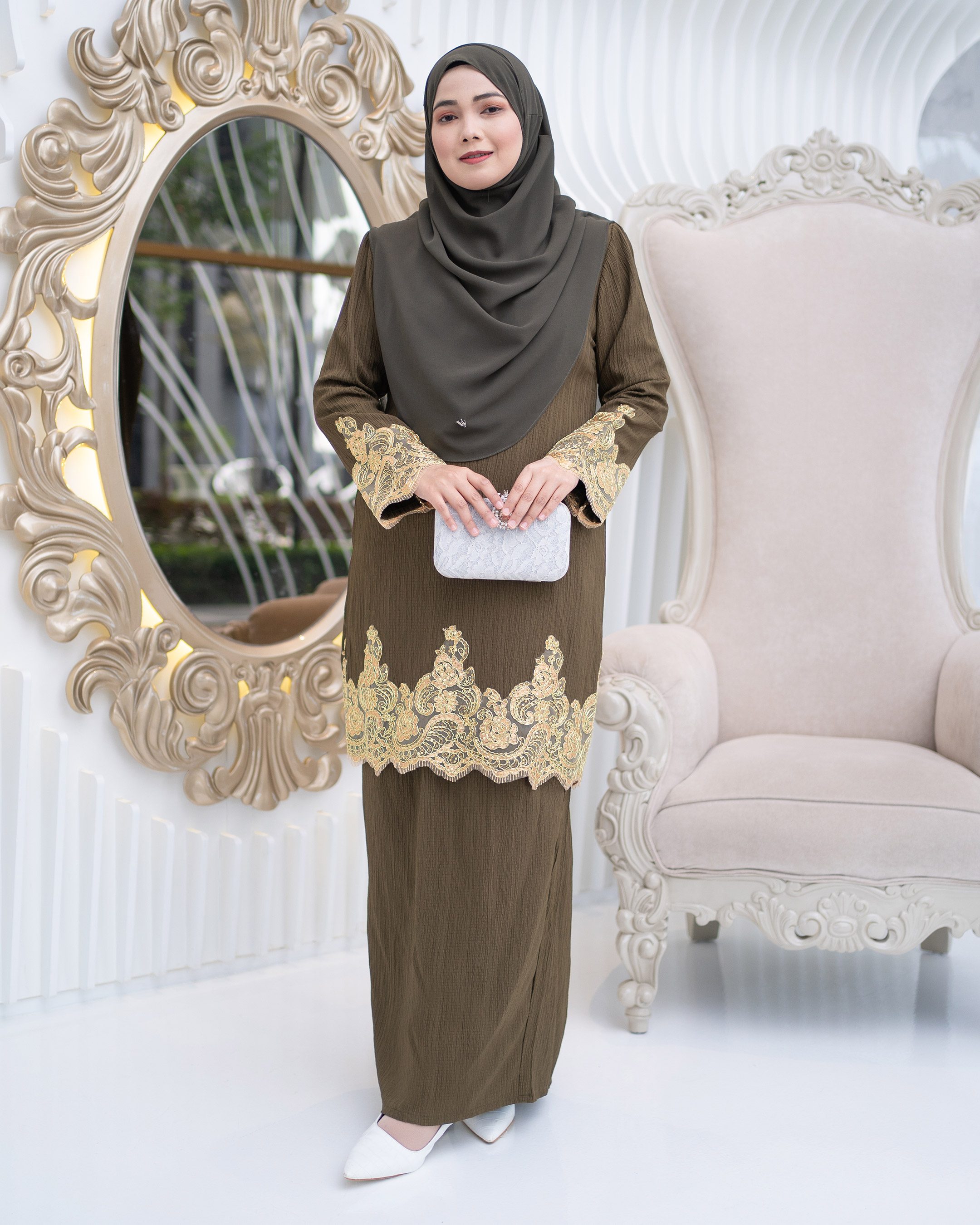 Baju Kurung Moden Lace Hayley - Olive Green