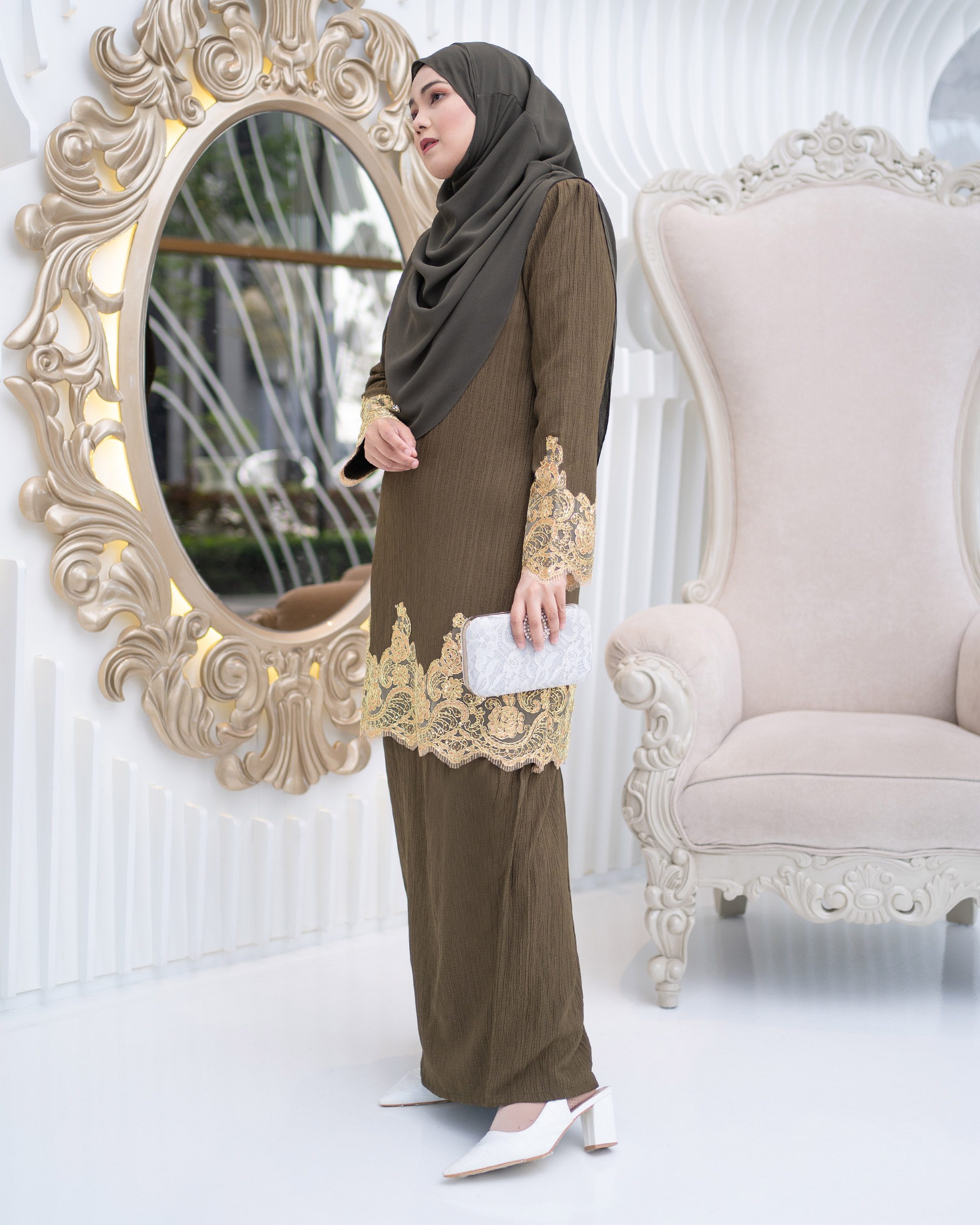 Baju Kurung Moden Lace Hayley - Olive Green