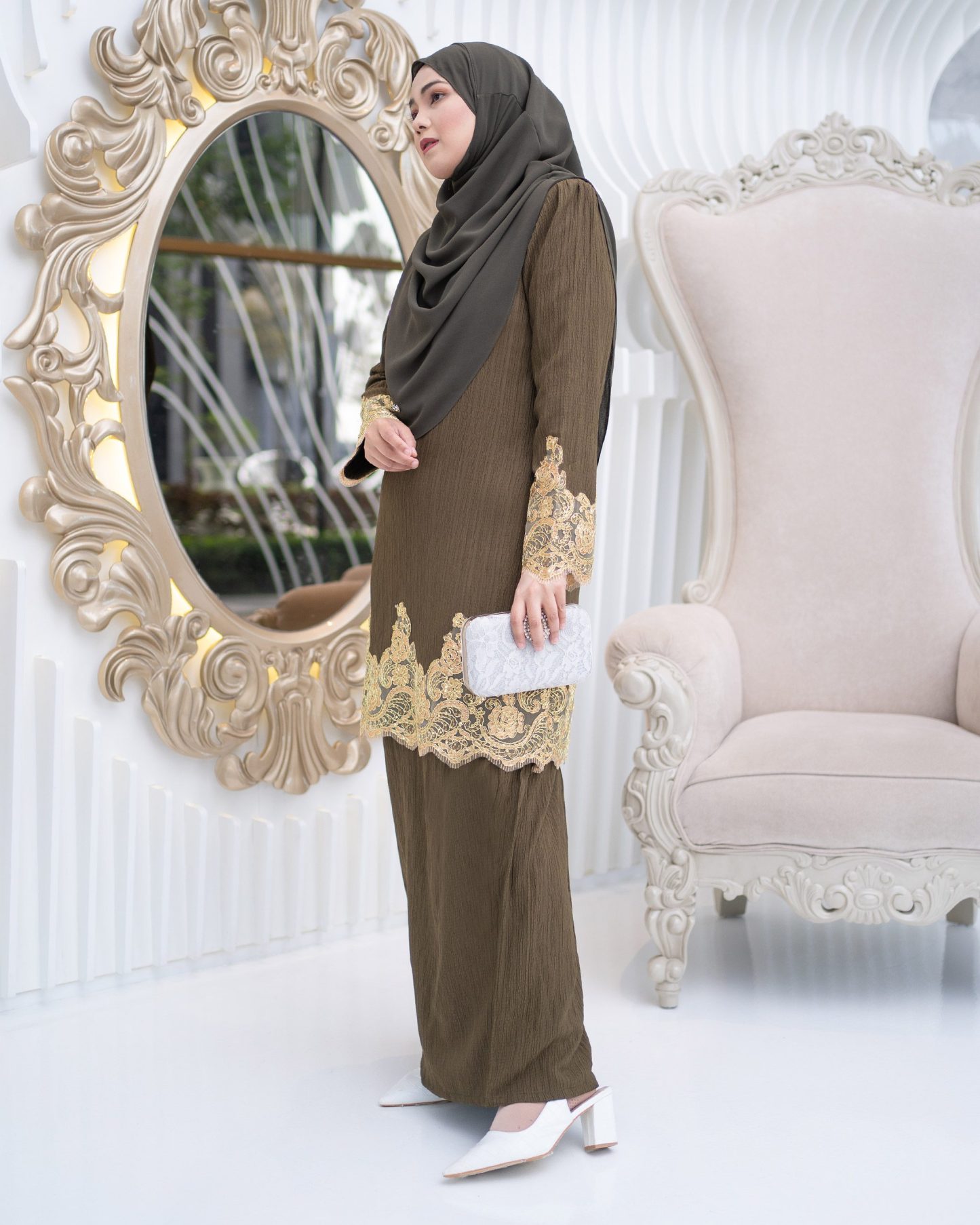 Baju Kurung Moden Lace Hayley - Olive Green