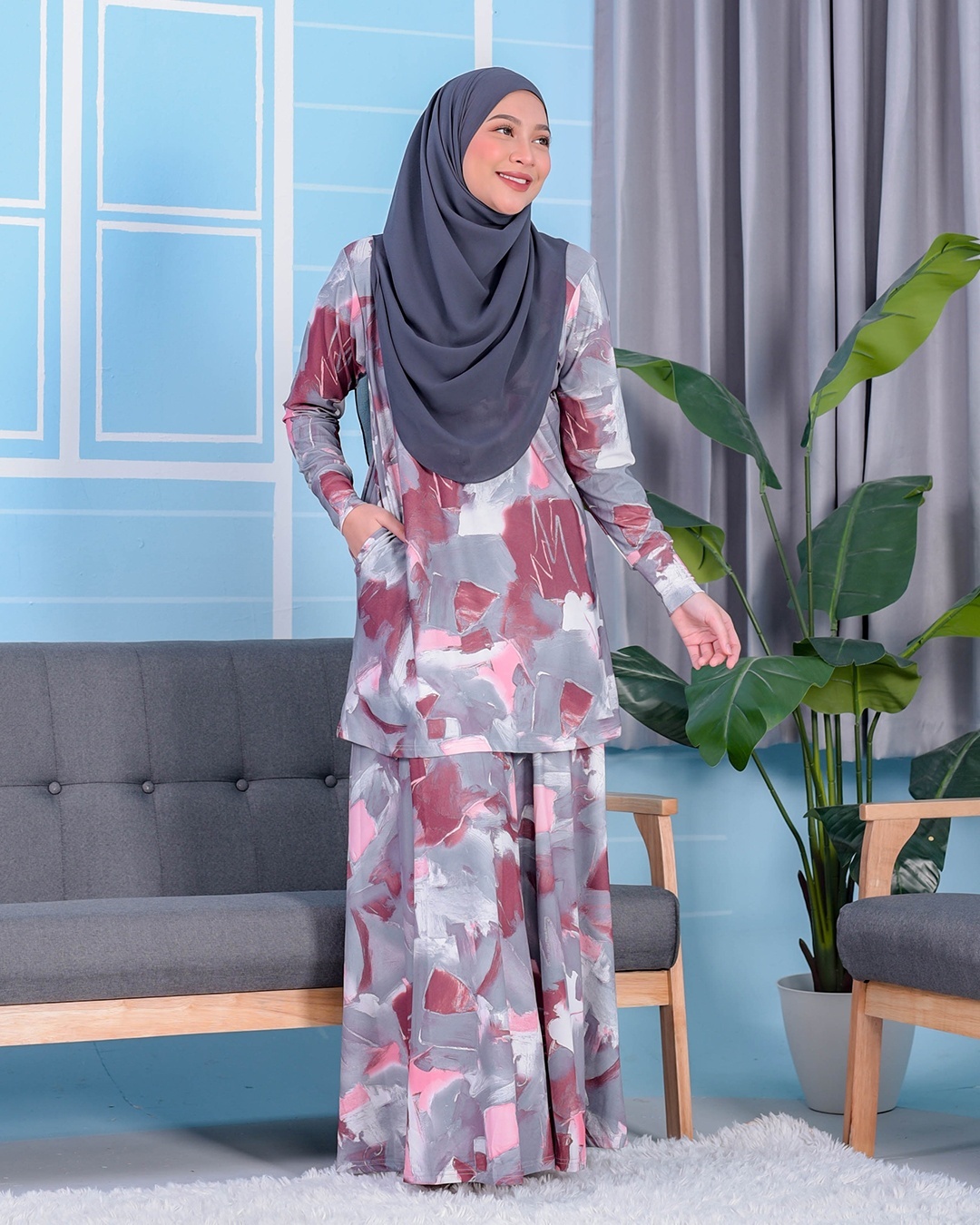 Baju Kurung Premium Printed Lainey - Limestone Coral Grey