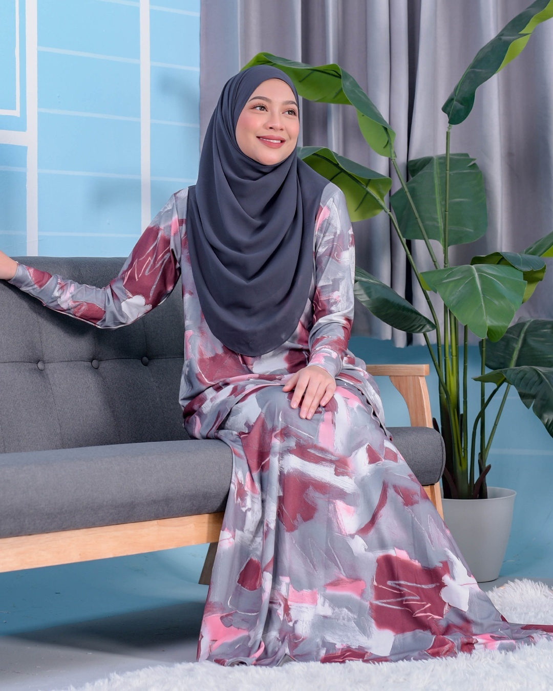 Baju Kurung Premium Printed Lainey - Limestone Coral Grey