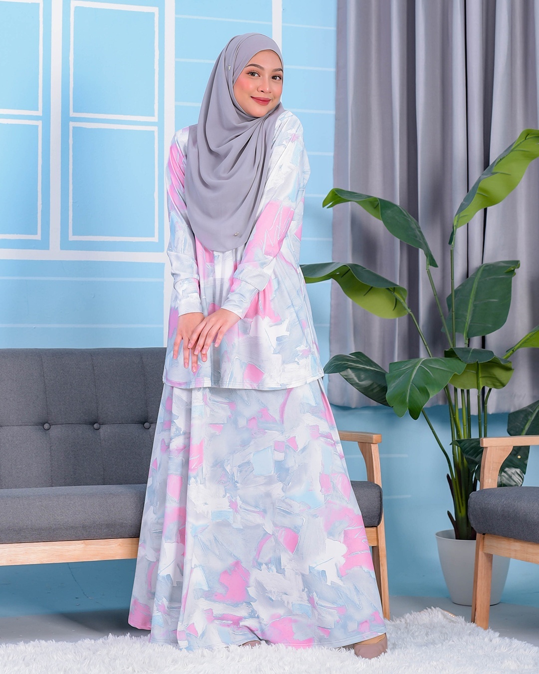 Baju Kurung Premium Printed Lainey - Limestone Quartz