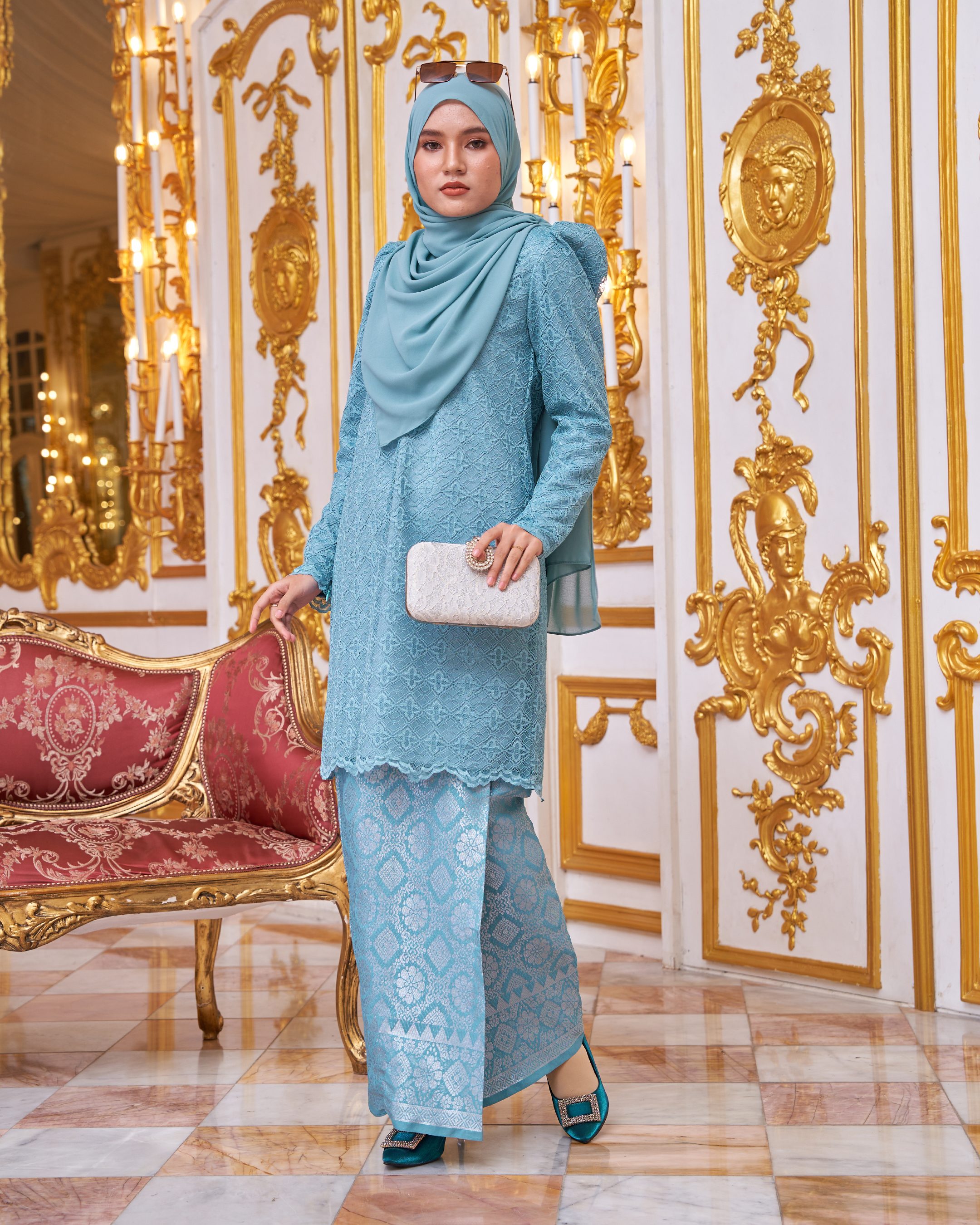 Baju Kurung Puffy Lace Songket Ralena - Sapphire Blue
