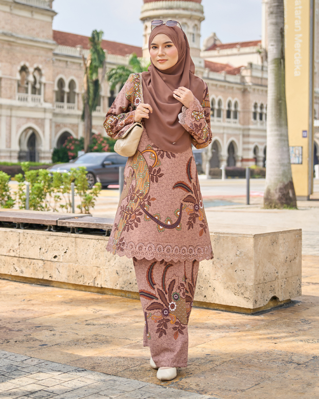 Baju Kurung Riau Batik Lasercut Haiza – Brown Beige