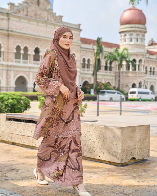 Baju Kurung Riau Batik Lasercut Haiza – Brown Beige