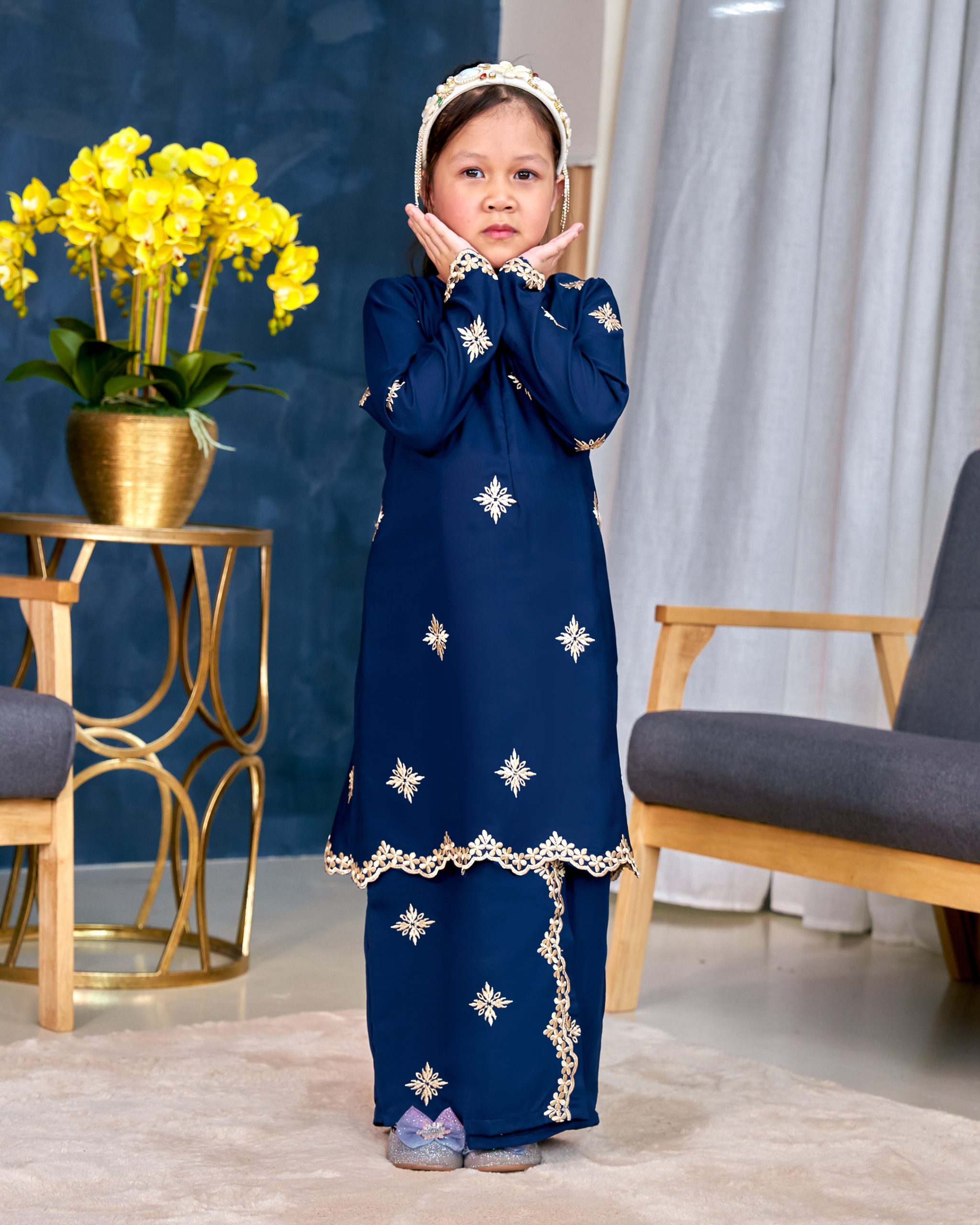 Baju Kurung Sulam Songket Tun Lestari Kids - Cempaka Navy Blue