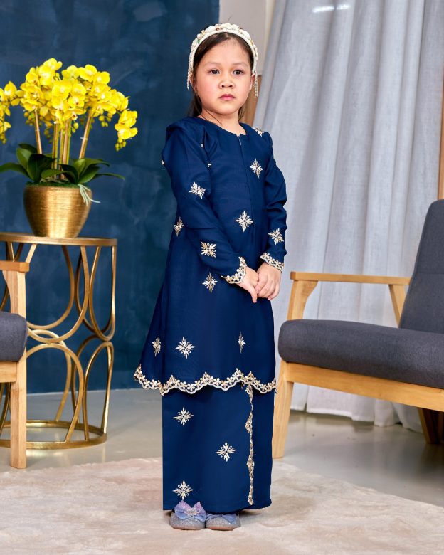 Baju Kurung Sulam Songket Tun Lestari Kids - Cempaka Navy Blue