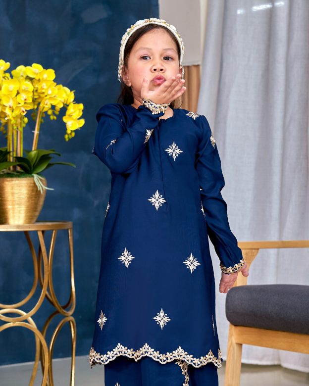 Baju Kurung Sulam Songket Tun Lestari Kids - Cempaka Navy Blue