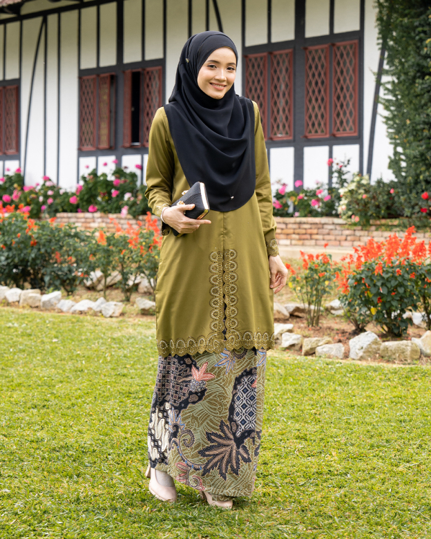 Baju Kebarung Lasercut Almira - Olive Green