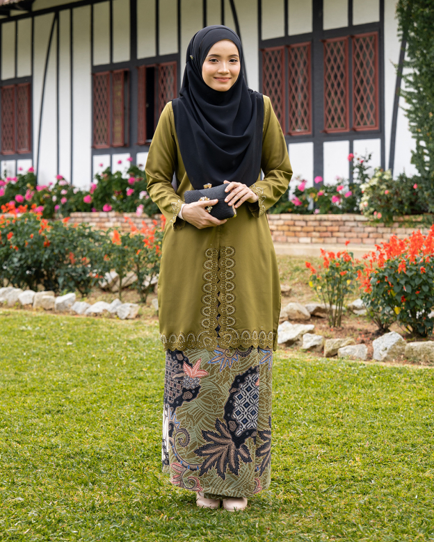 Baju Kebarung Lasercut Almira - Olive Green