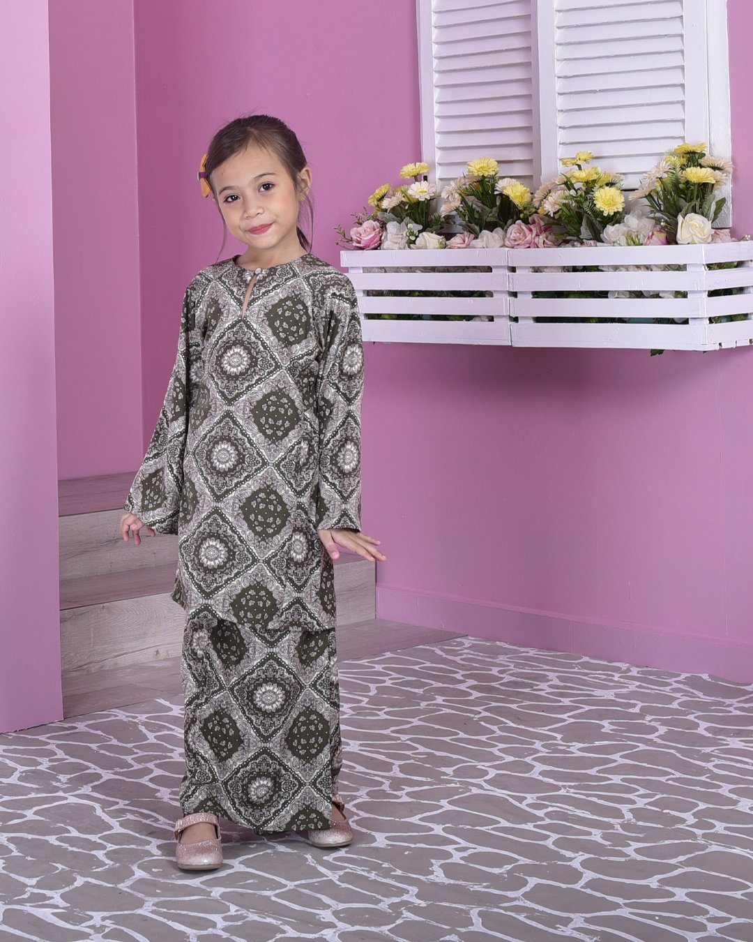 Baju Kurung Pahang Perry Kids - Olive Green