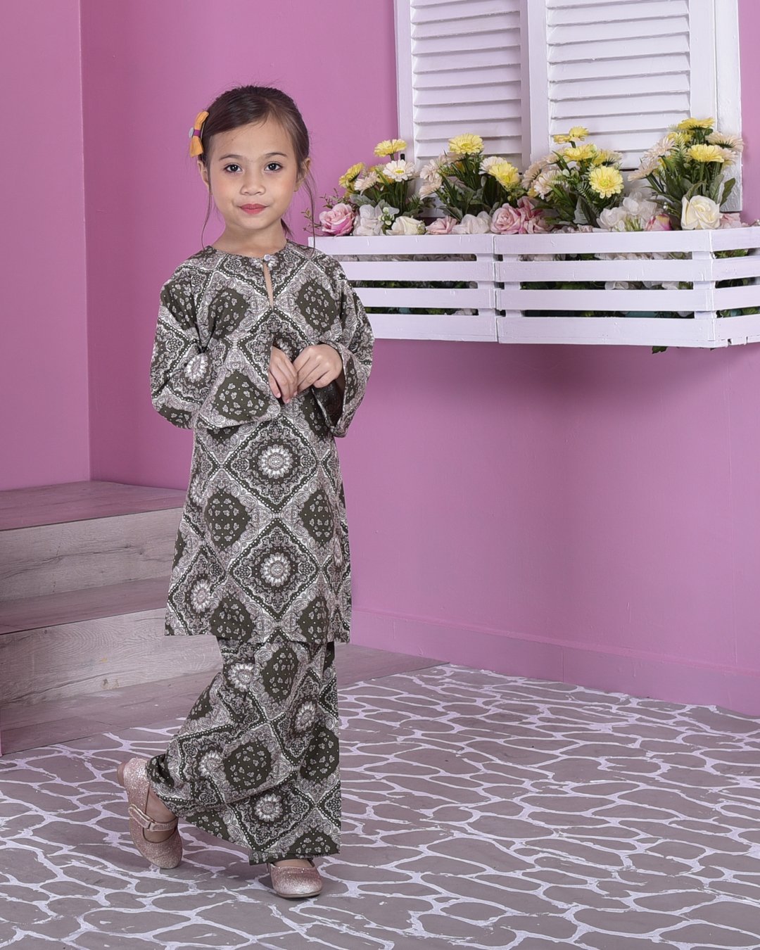 Baju Kurung Pahang Perry Kids - Olive Green