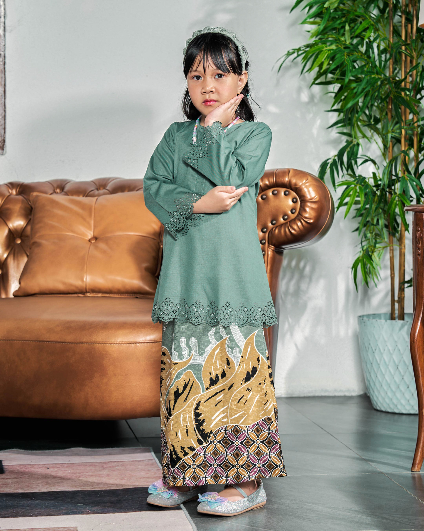 Baju Kurung Batik Lasercut Haya Kids - Clay Turquoise