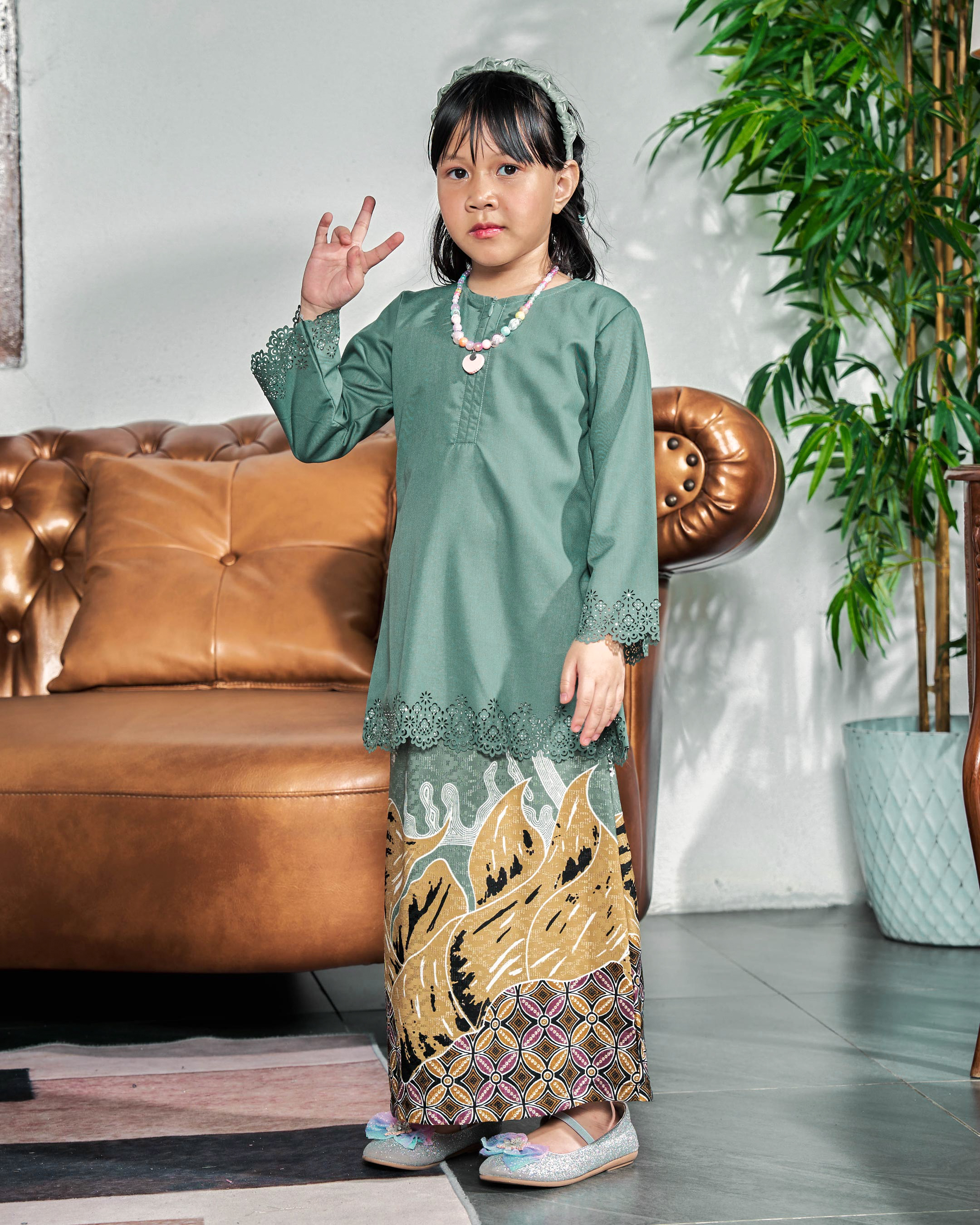Baju Kurung Batik Lasercut Haya Kids - Clay Turquoise