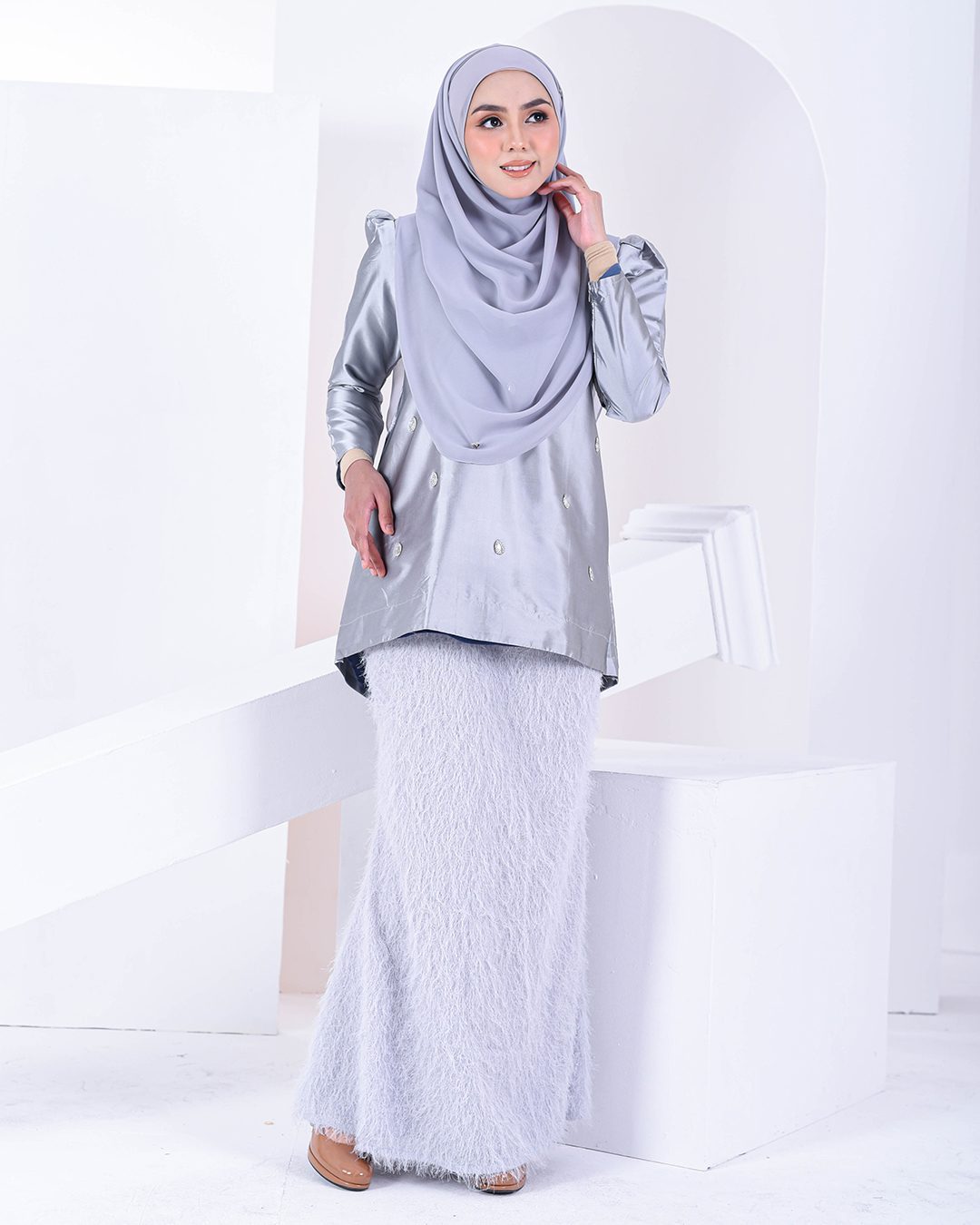 Baju Kurung Puffy Ameldy - Silver Pearl