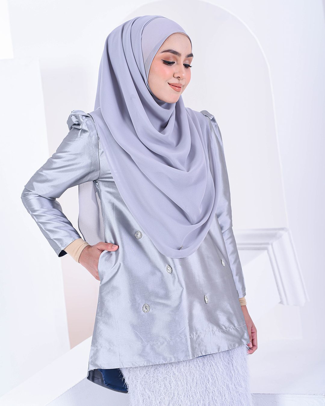 Baju Kurung Puffy Ameldy - Silver Pearl