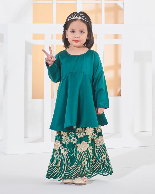 Baju Kurung Lace Barbie Adora Kids - Emerald Green