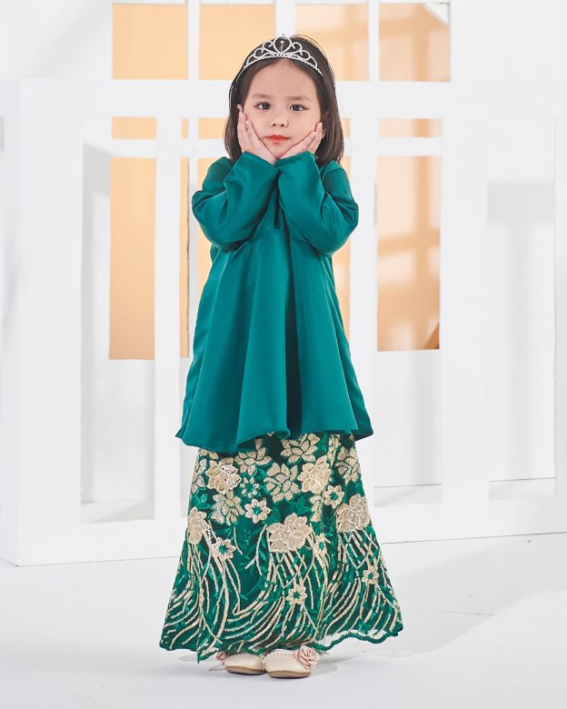 Baju Kurung Lace Barbie Adora Kids - Emerald Green
