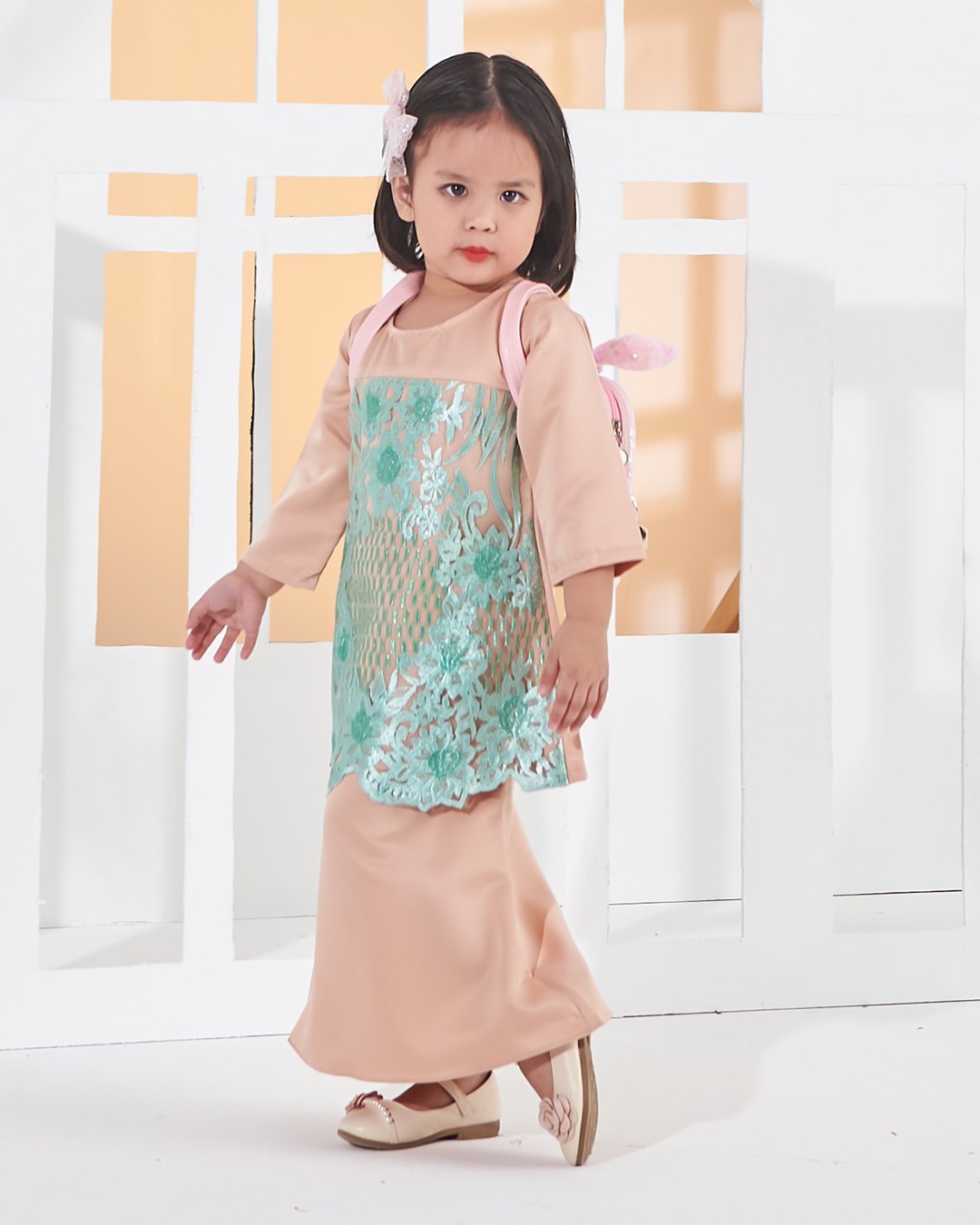 Baju Kurung Lace Anisa Kids - Minty Peach