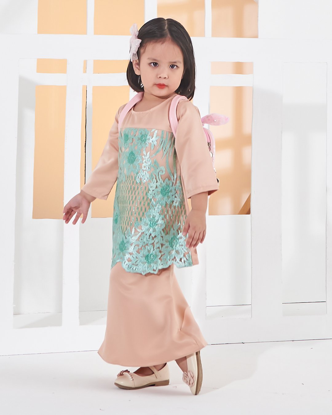 Baju Kurung Lace Anisa Kids - Minty Peach