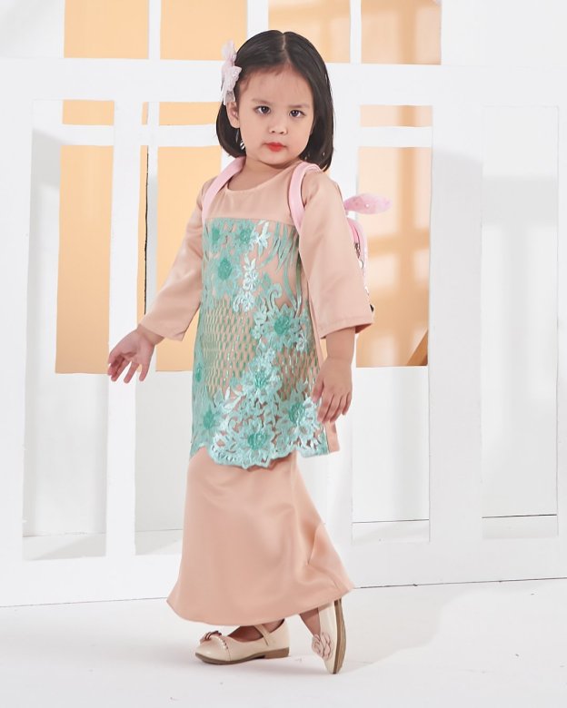 Baju Kurung Lace Anisa Kids - Minty Peach