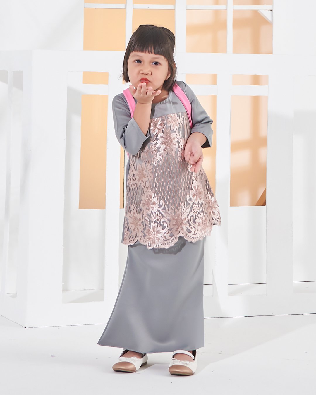 Baju Kurung Lace Anisa Kids - Blush Grey