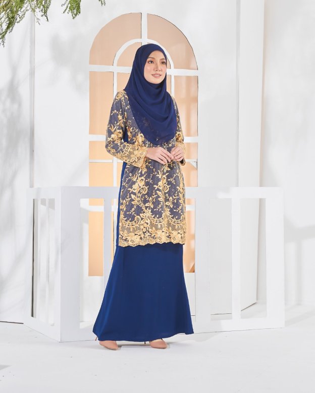 Baju Kurung Lace Amara - Golden Navy