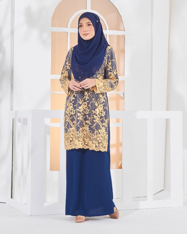 Baju Kurung Lace Amara - Golden Navy