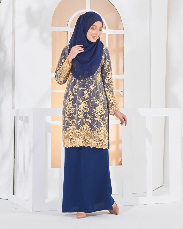 Baju Kurung Lace Amara - Golden Navy