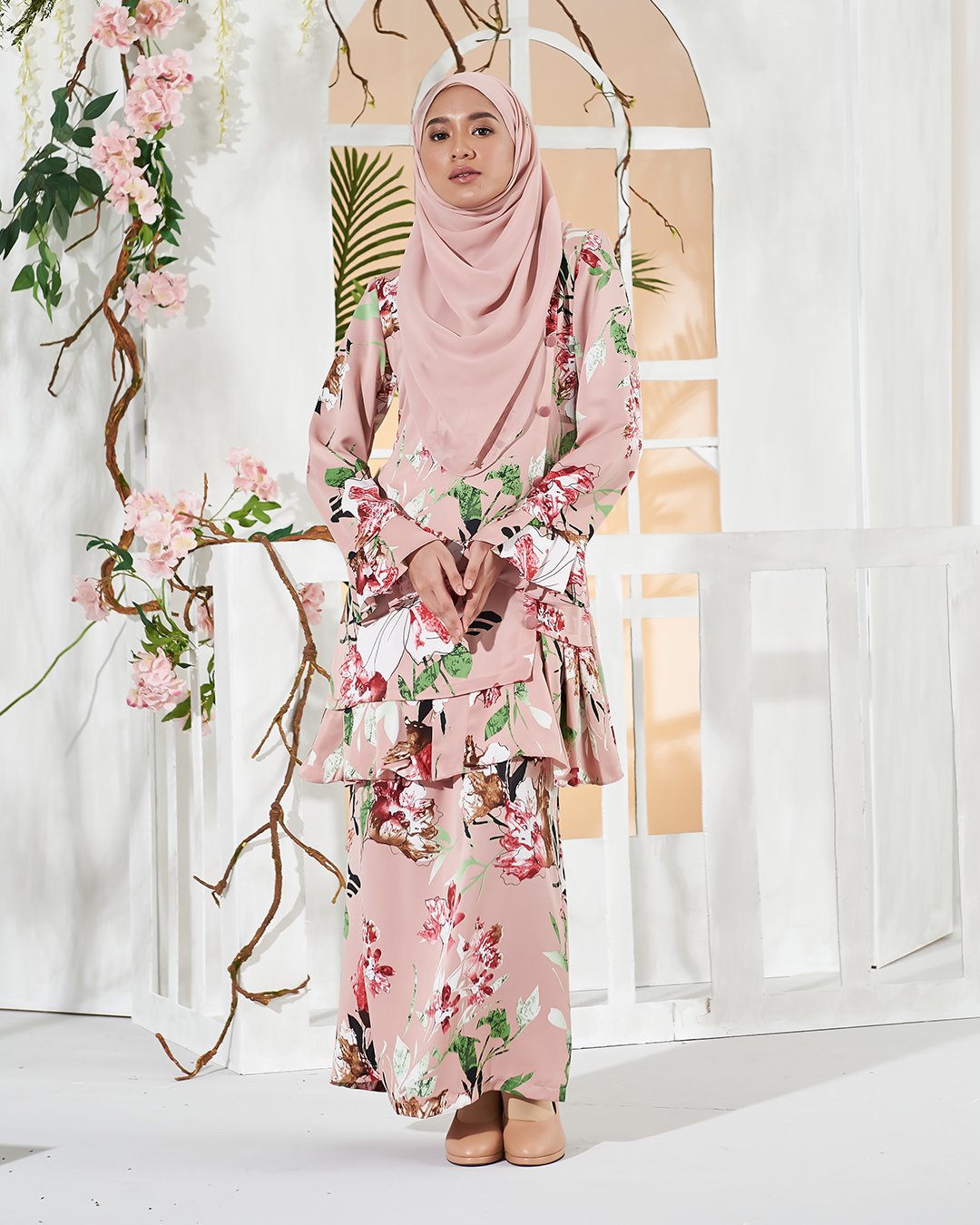 Baju Kurung Pleated Sharina - Salmon Pink