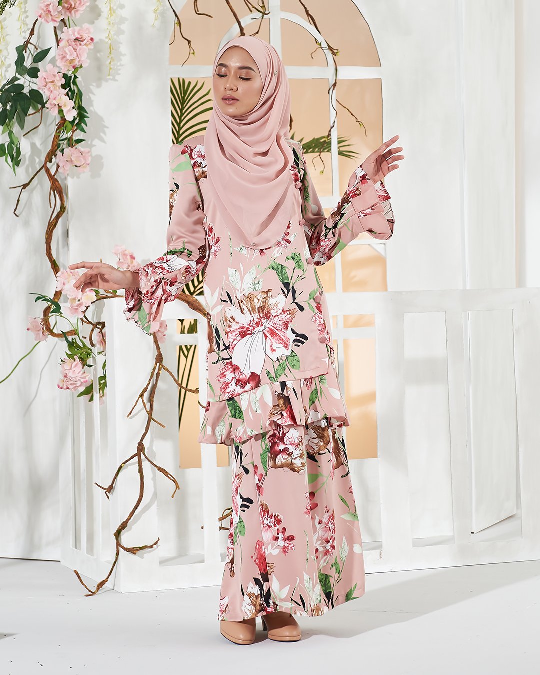 Baju Kurung Pleated Sharina - Salmon Pink