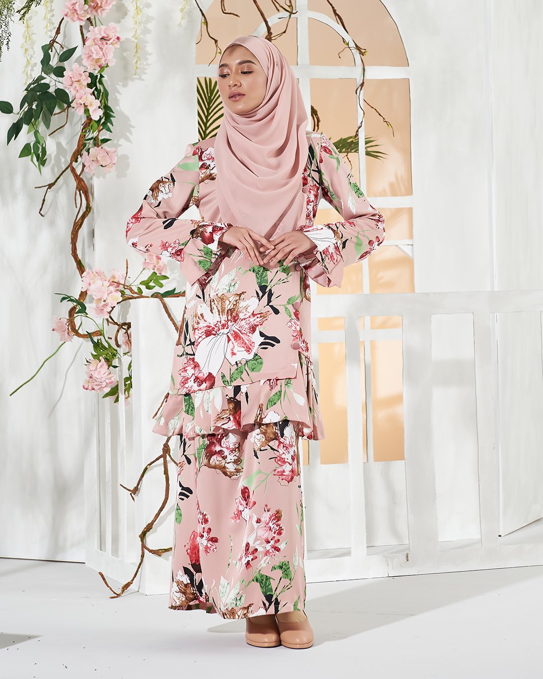 Baju Kurung Pleated Sharina - Salmon Pink
