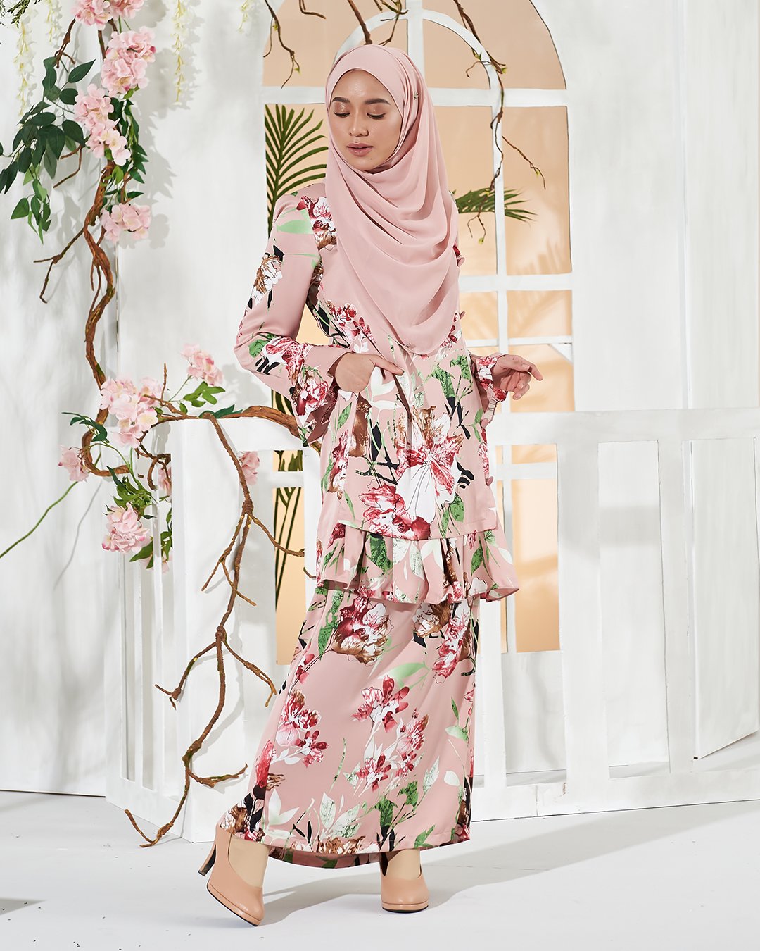 Baju Kurung Pleated Sharina - Salmon Pink