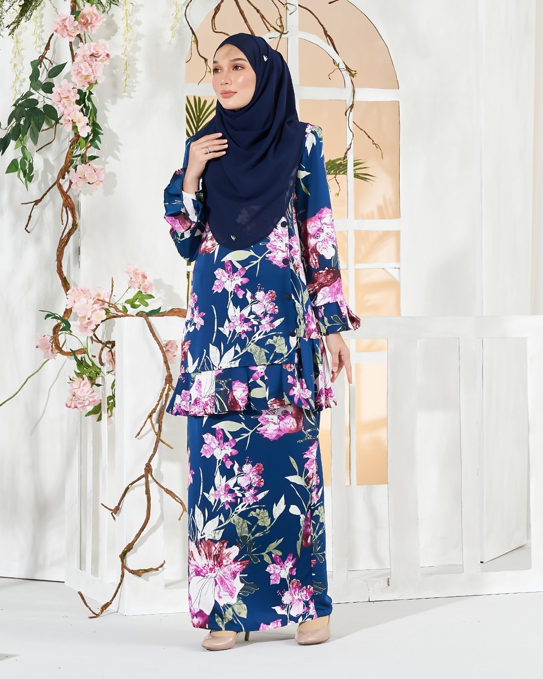 Baju Kurung Pleated Sharina - Navy Blue