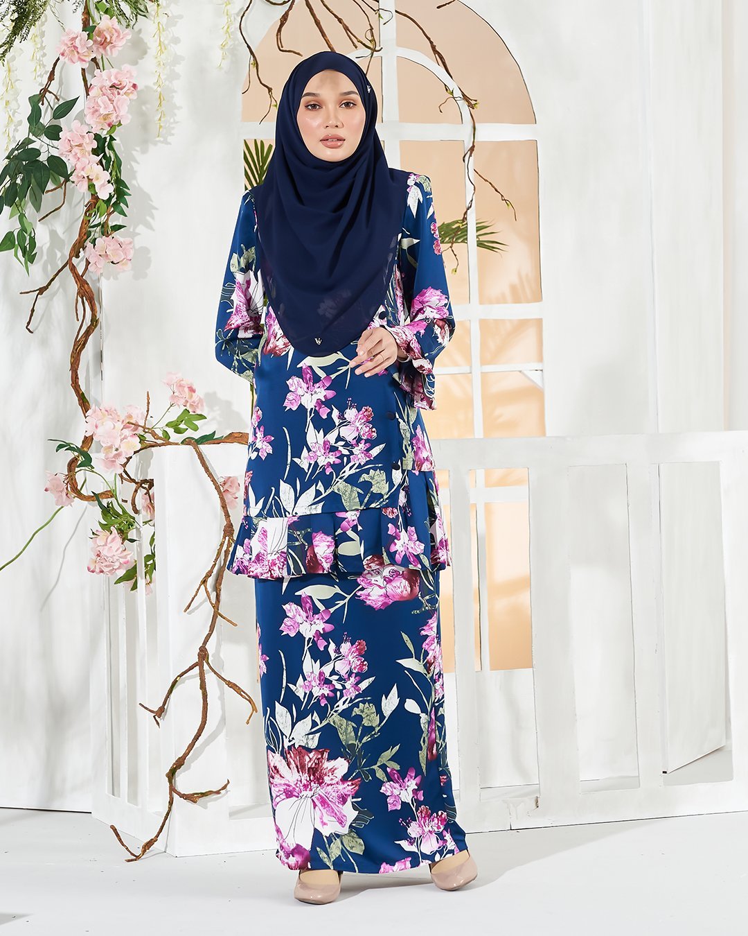 Baju Kurung Pleated Sharina - Navy Blue