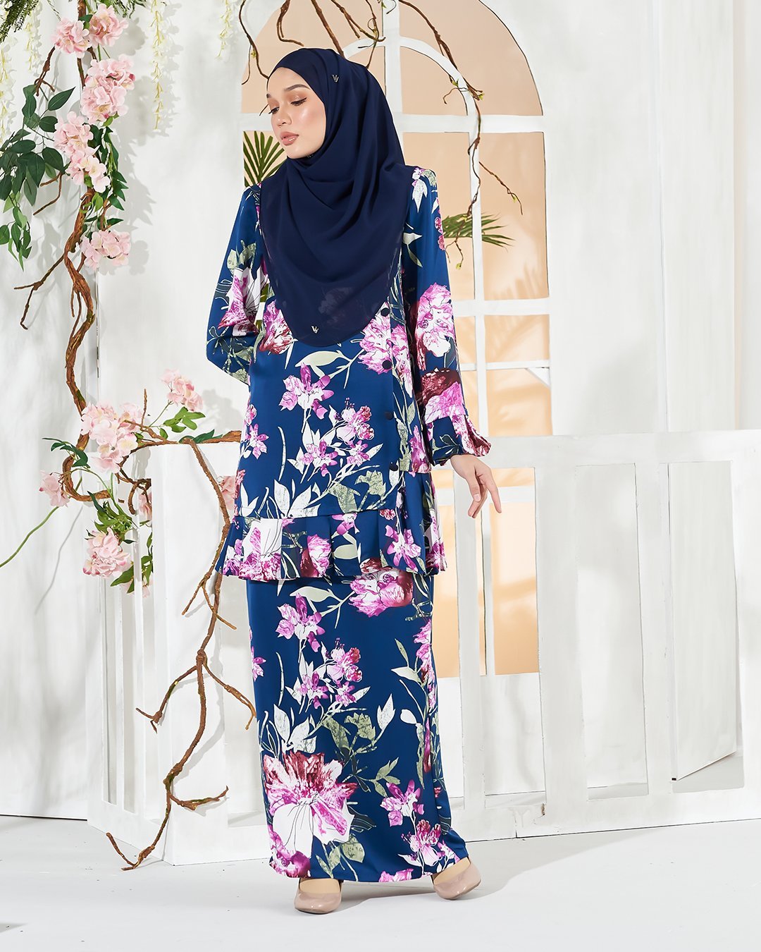 Baju Kurung Pleated Sharina - Navy Blue