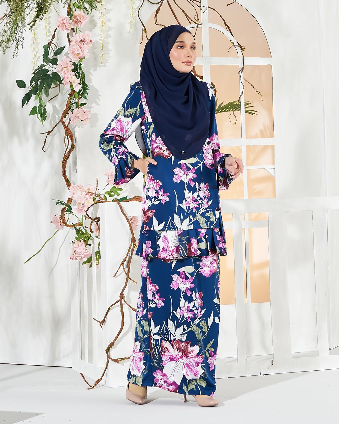 Baju Kurung Pleated Sharina - Navy Blue