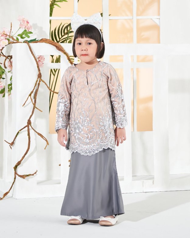 Baju Kurung Lace Aifa Kids - Latte Smoke