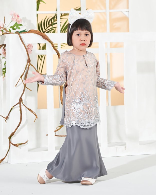 Baju Kurung Lace Aifa Kids - Latte Smoke